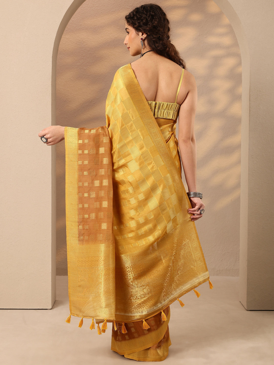 Mustard Woven Design Silk Blend Saree With Unstitched Blouse Piece