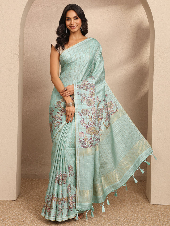 Green Printed Silk Blend Saree With Unstitched Blouse Piece