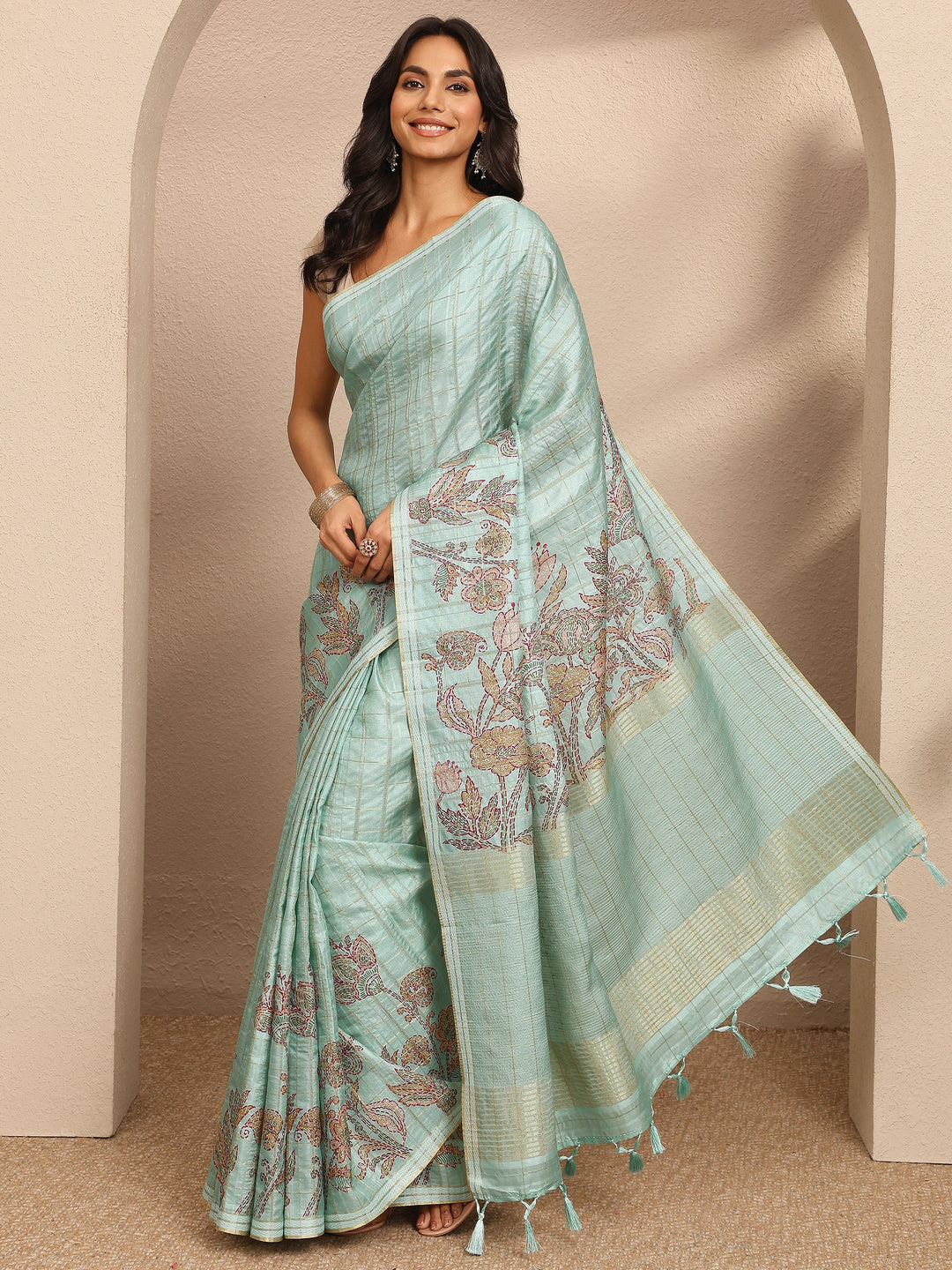 Green Printed Silk Blend Saree With Unstitched Blouse Piece