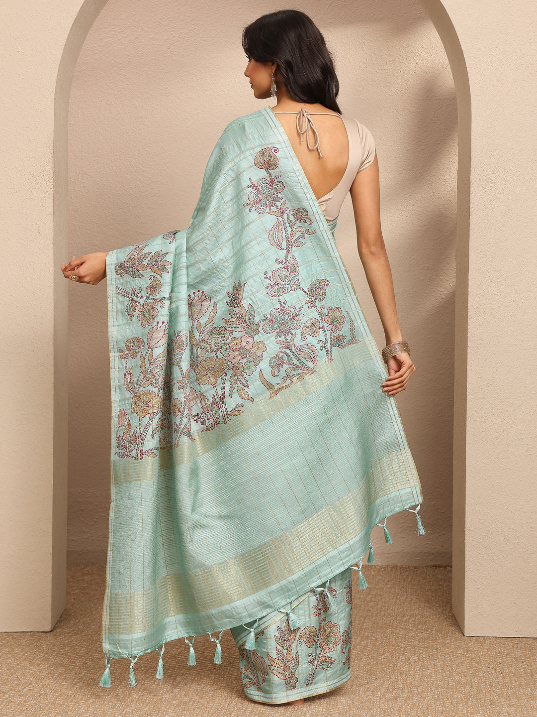 Green Printed Silk Blend Saree With Unstitched Blouse Piece