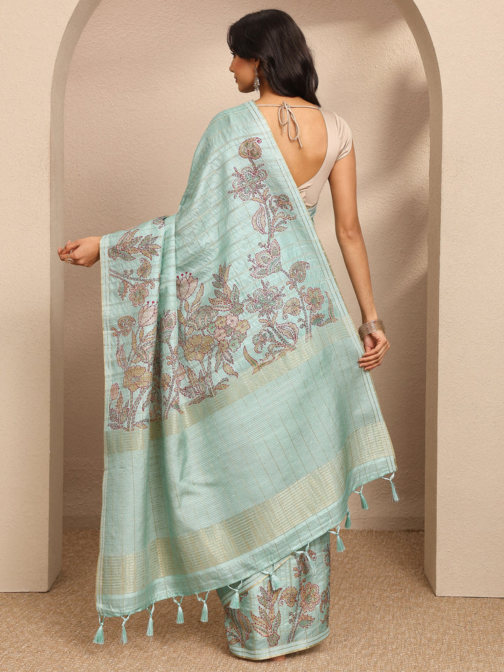 Green Printed Silk Blend Saree With Unstitched Blouse Piece