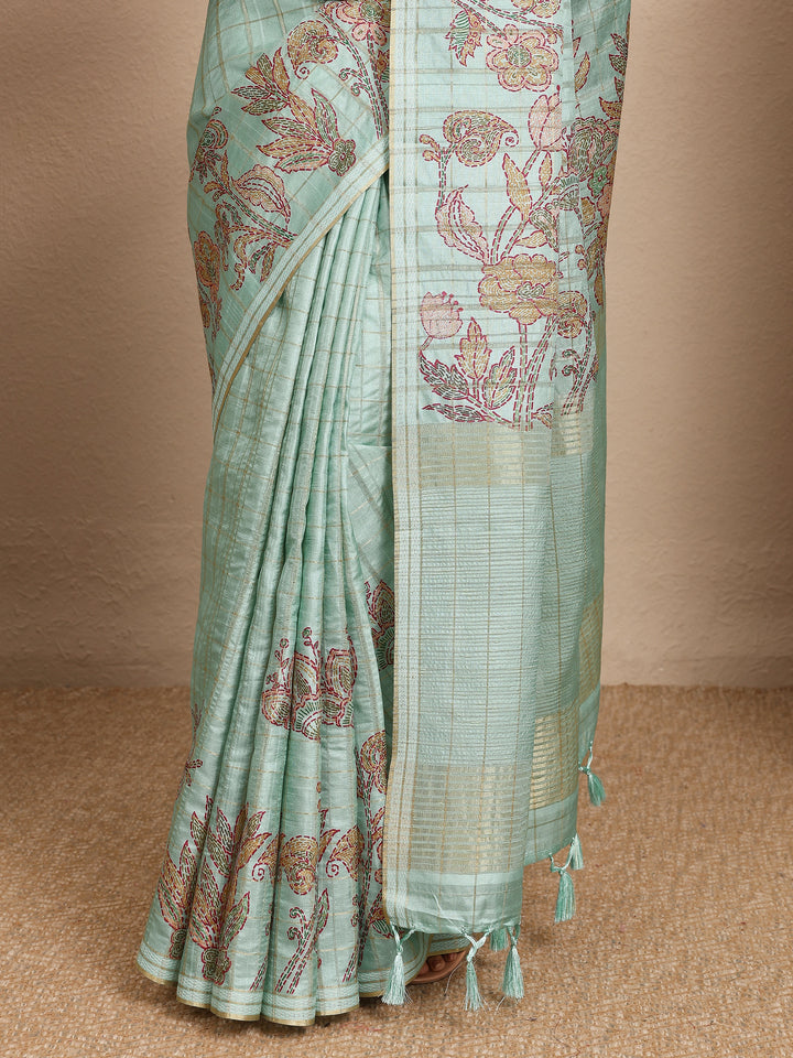 Green Printed Silk Blend Saree With Unstitched Blouse Piece