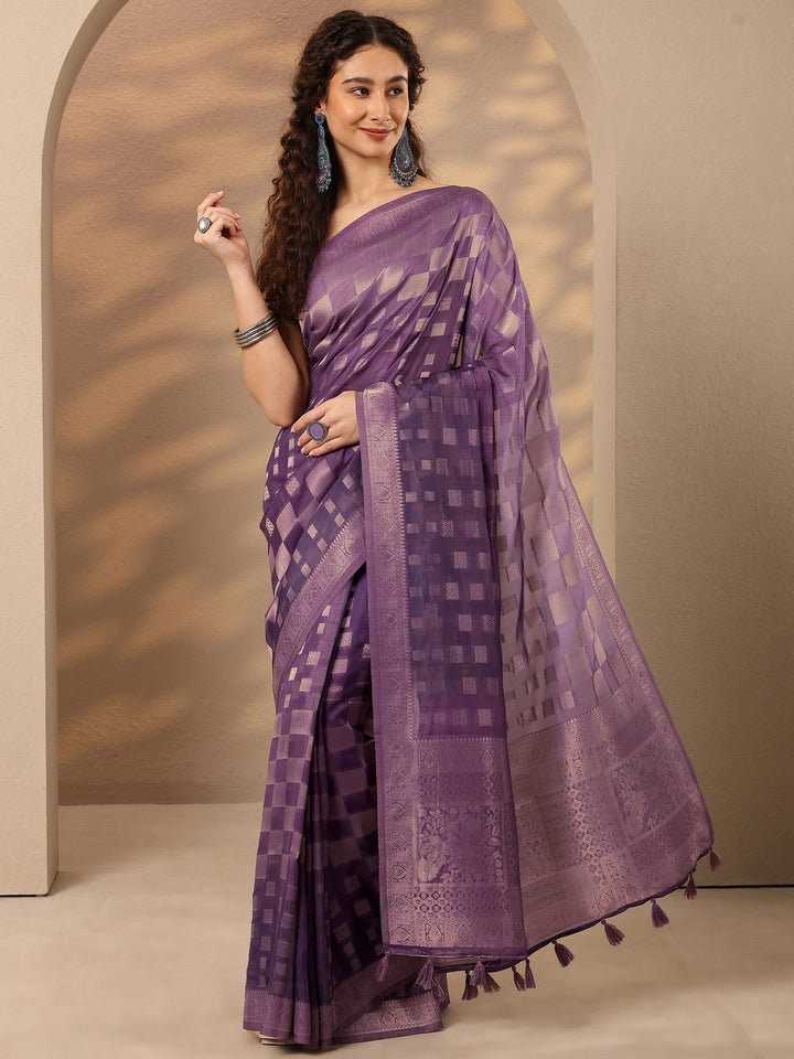 Purple Woven Design Silk Blend Saree With Unstitched Blouse Piece