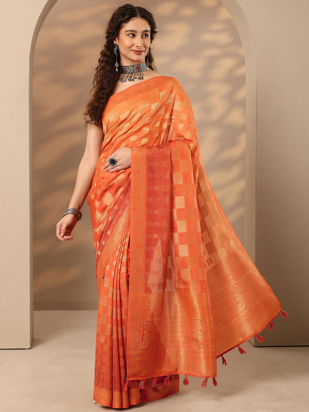 Orange Woven Design Silk Blend Saree With Unstitched Blouse Piece