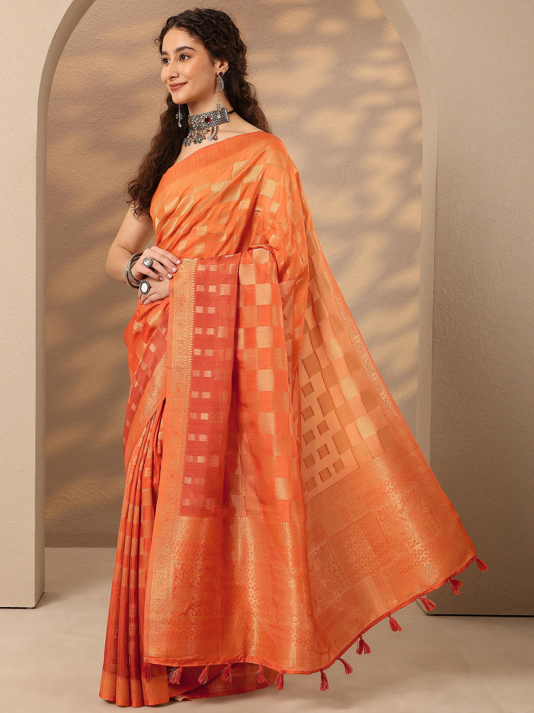 Orange Woven Design Silk Blend Saree With Unstitched Blouse Piece