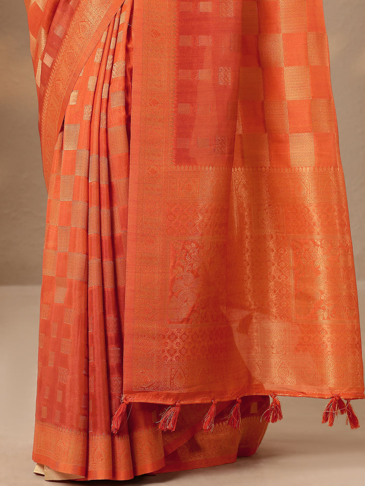 Orange Woven Design Silk Blend Saree With Unstitched Blouse Piece