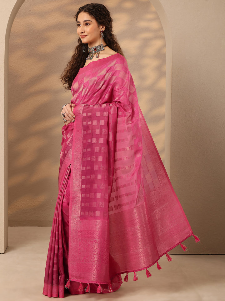 Pink Woven Design Silk Blend Saree With Unstitched Blouse Piece