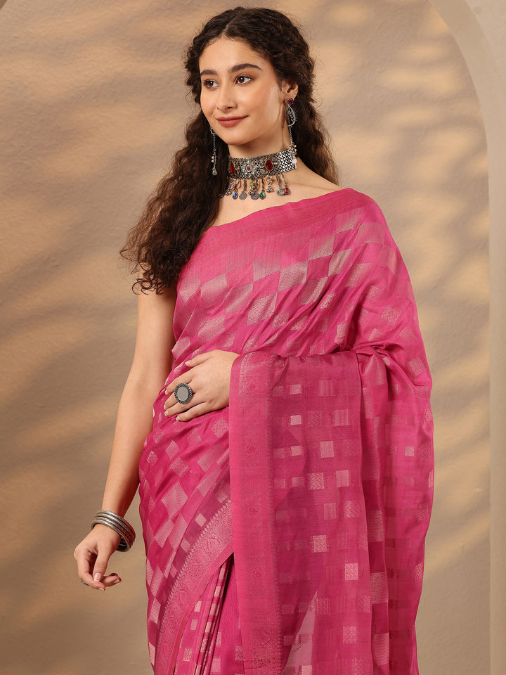 Pink Woven Design Silk Blend Saree With Unstitched Blouse Piece