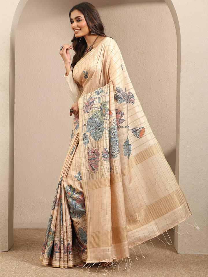 Beige Printed Silk Blend Saree With Unstitched Blouse Piece