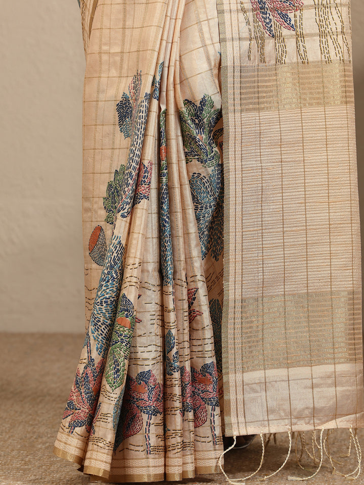 Beige Printed Silk Blend Saree With Unstitched Blouse Piece