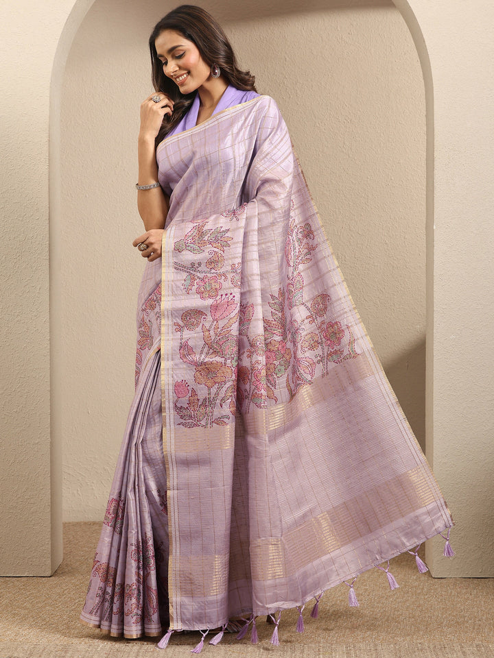 Lavender Printed Silk Blend Saree With Unstitched Blouse Piece