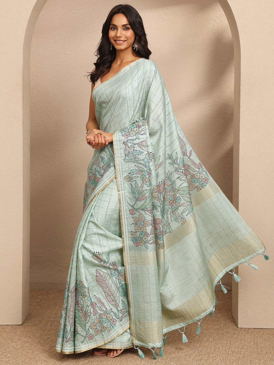 Green Printed Silk Blend Saree With Unstitched Blouse Piece