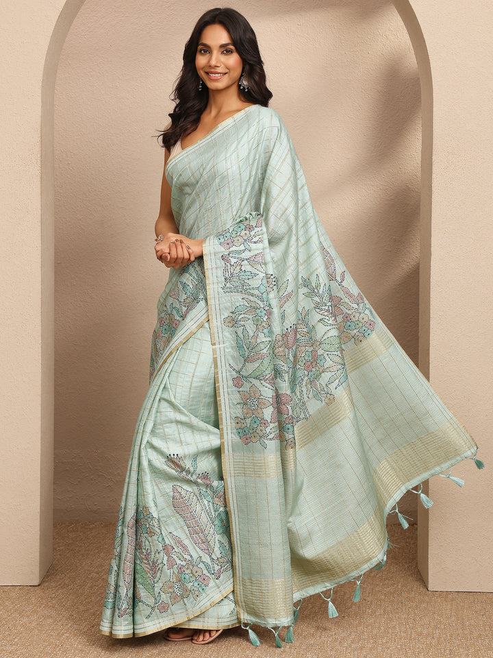Green Printed Silk Blend Saree With Unstitched Blouse Piece