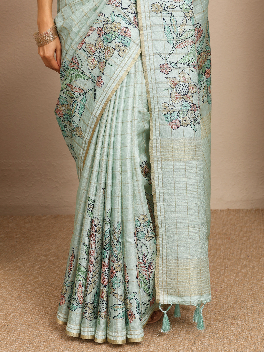 Green Printed Silk Blend Saree With Unstitched Blouse Piece