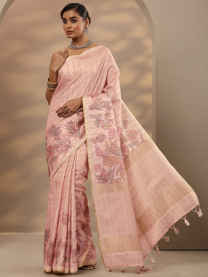 Pink Printed Silk Blend Saree With Unstitched Blouse Piece