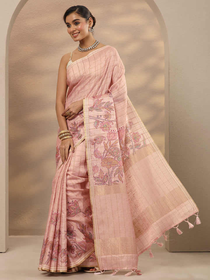 Pink Printed Silk Blend Saree With Unstitched Blouse Piece