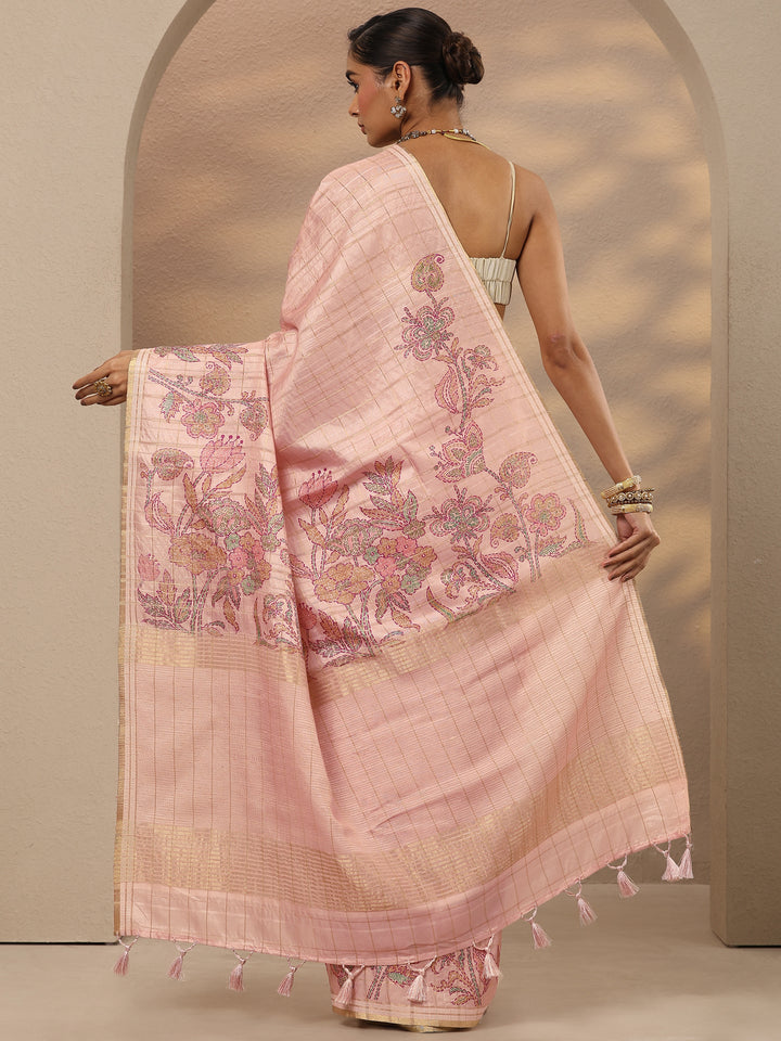 Pink Printed Silk Blend Saree With Unstitched Blouse Piece
