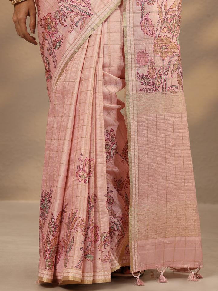 Pink Printed Silk Blend Saree With Unstitched Blouse Piece