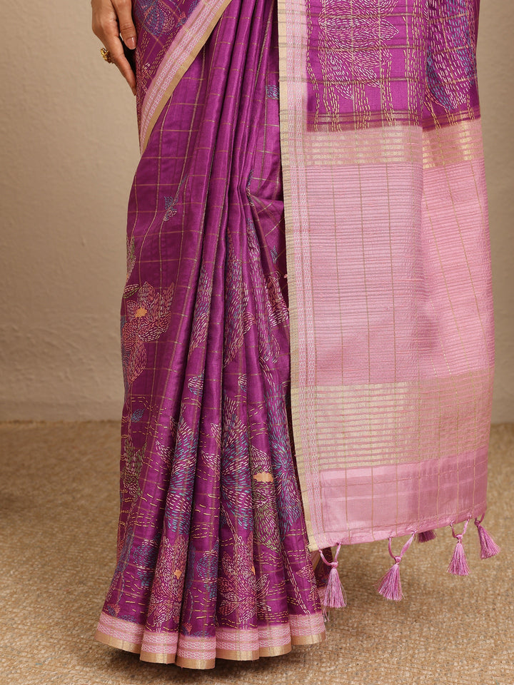Magenta Printed Silk Blend Saree With Unstitched Blouse Piece