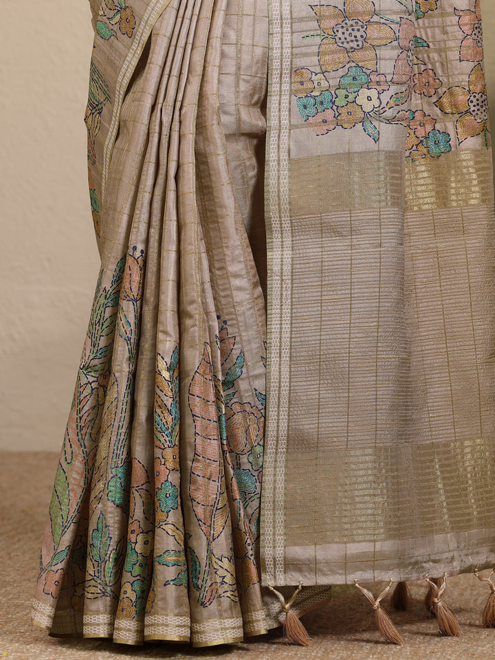 Beige Printed Silk Blend Saree With Unstitched Blouse Piece