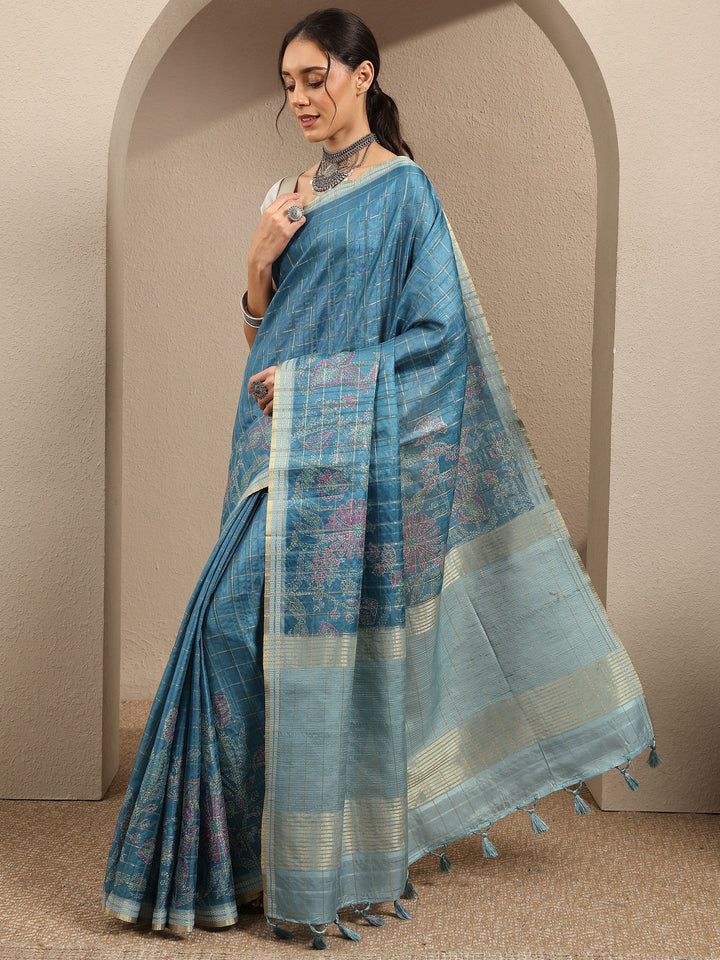 Green Printed Silk Blend Saree With Unstitched Blouse Piece