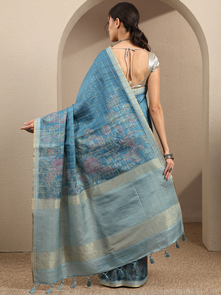 Green Printed Silk Blend Saree With Unstitched Blouse Piece