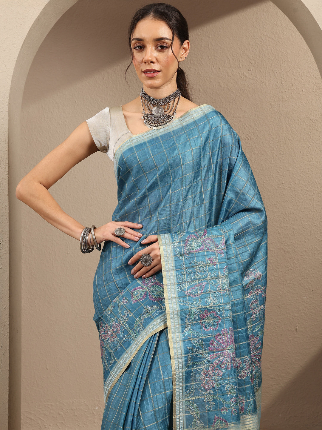 Green Printed Silk Blend Saree With Unstitched Blouse Piece