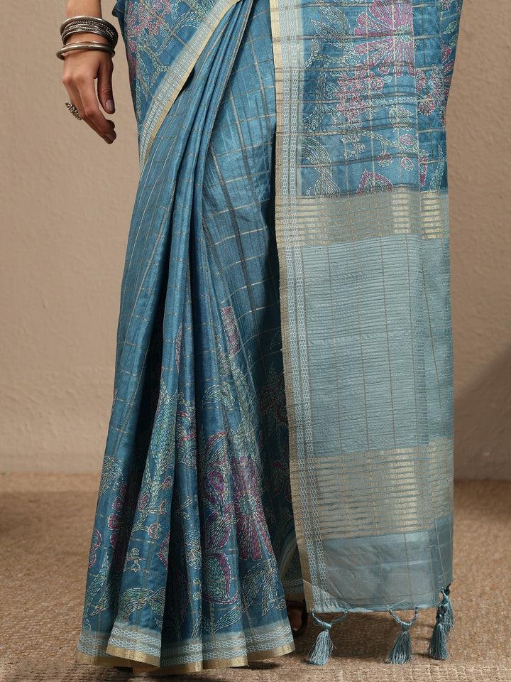 Green Printed Silk Blend Saree With Unstitched Blouse Piece
