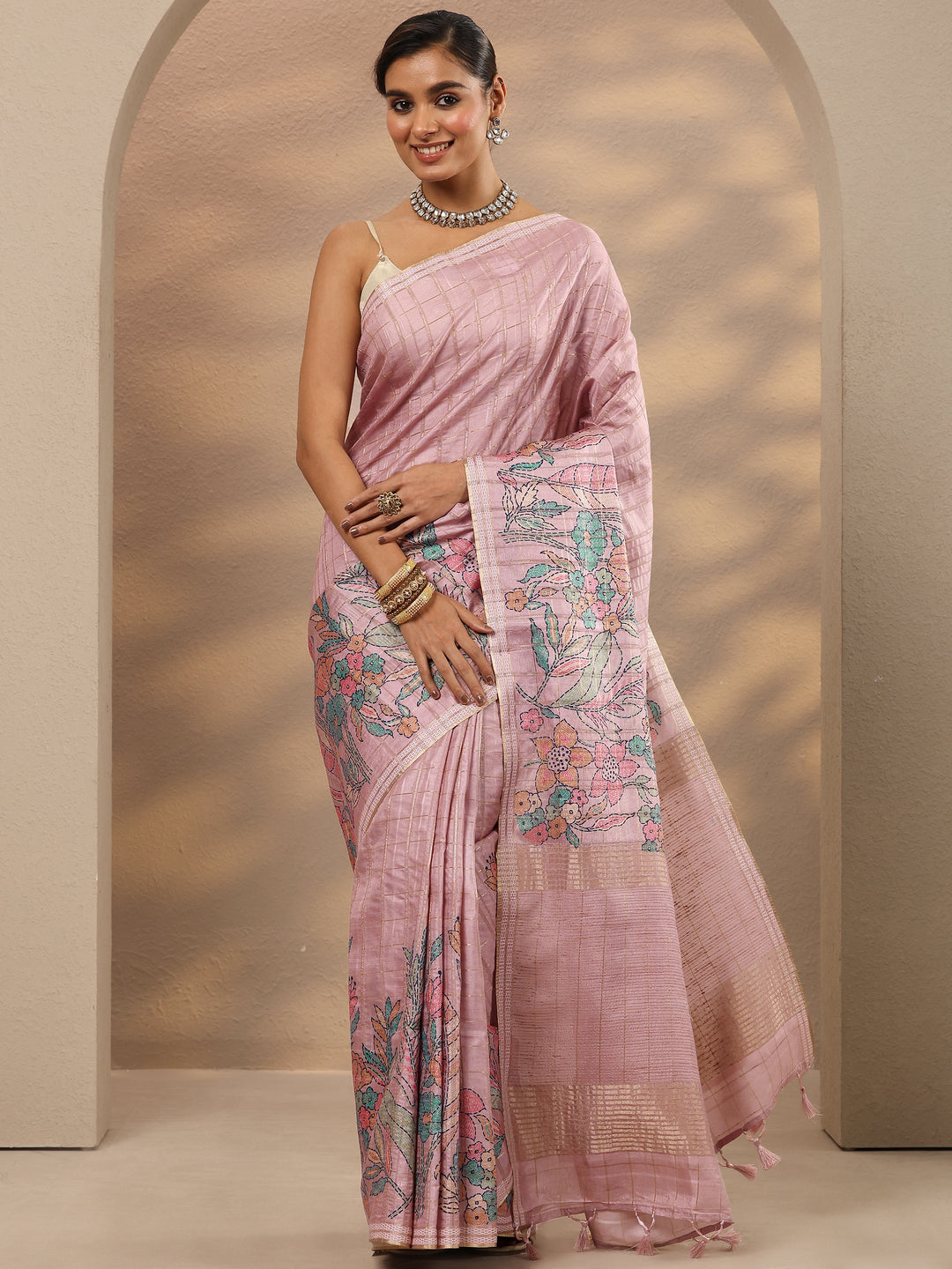 Pink Printed Silk Blend Saree With Unstitched Blouse Piece