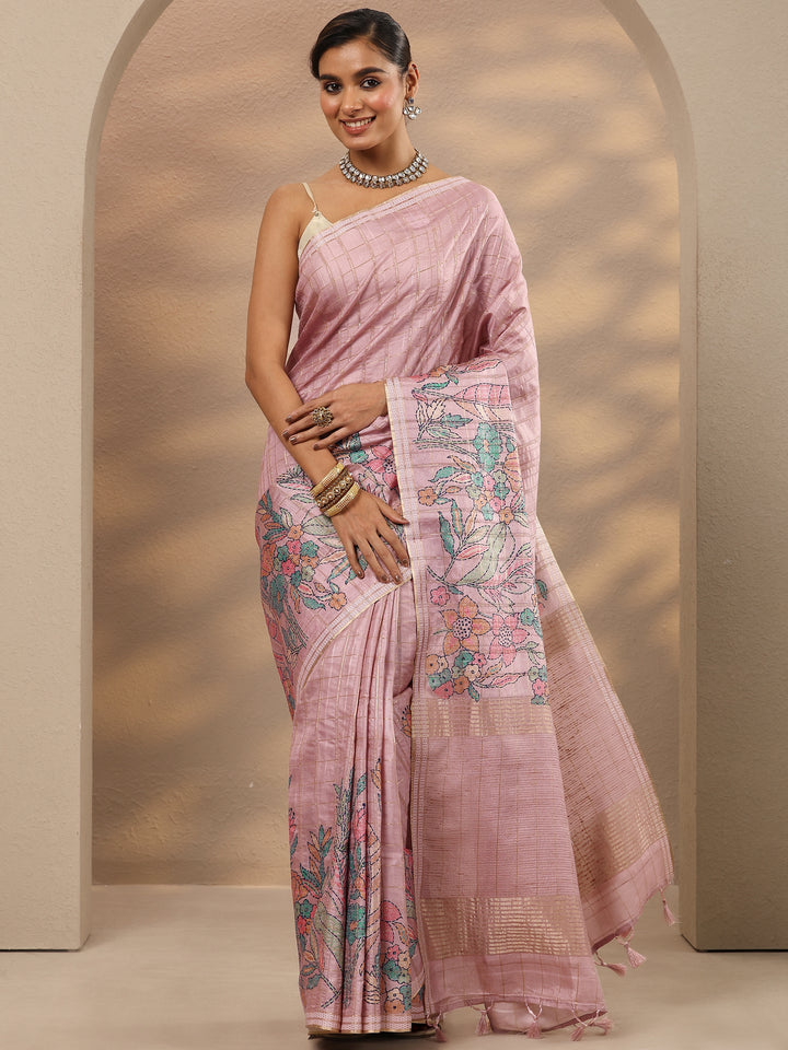 Pink Printed Silk Blend Saree With Unstitched Blouse Piece