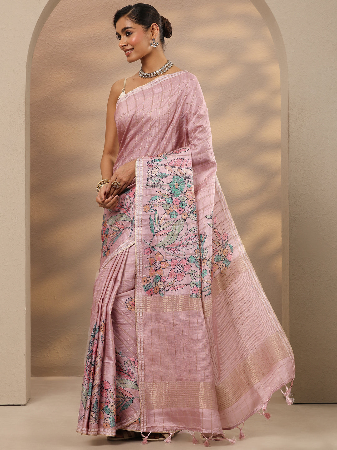 Pink Printed Silk Blend Saree With Unstitched Blouse Piece