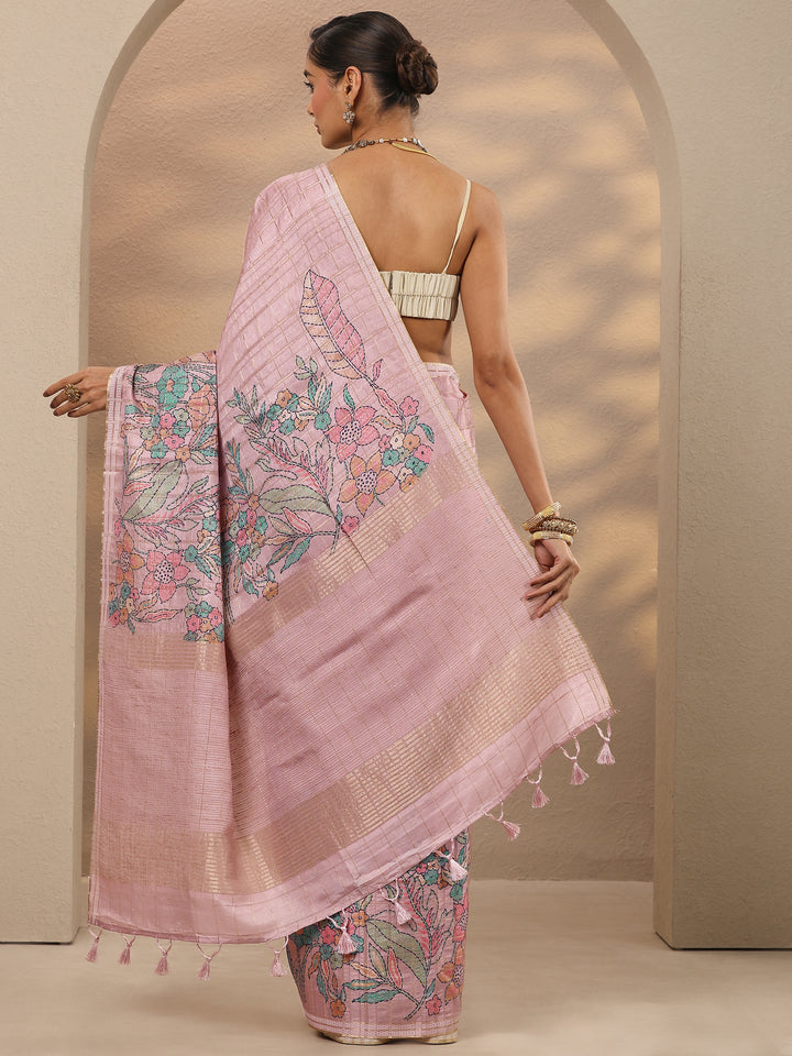 Pink Printed Silk Blend Saree With Unstitched Blouse Piece