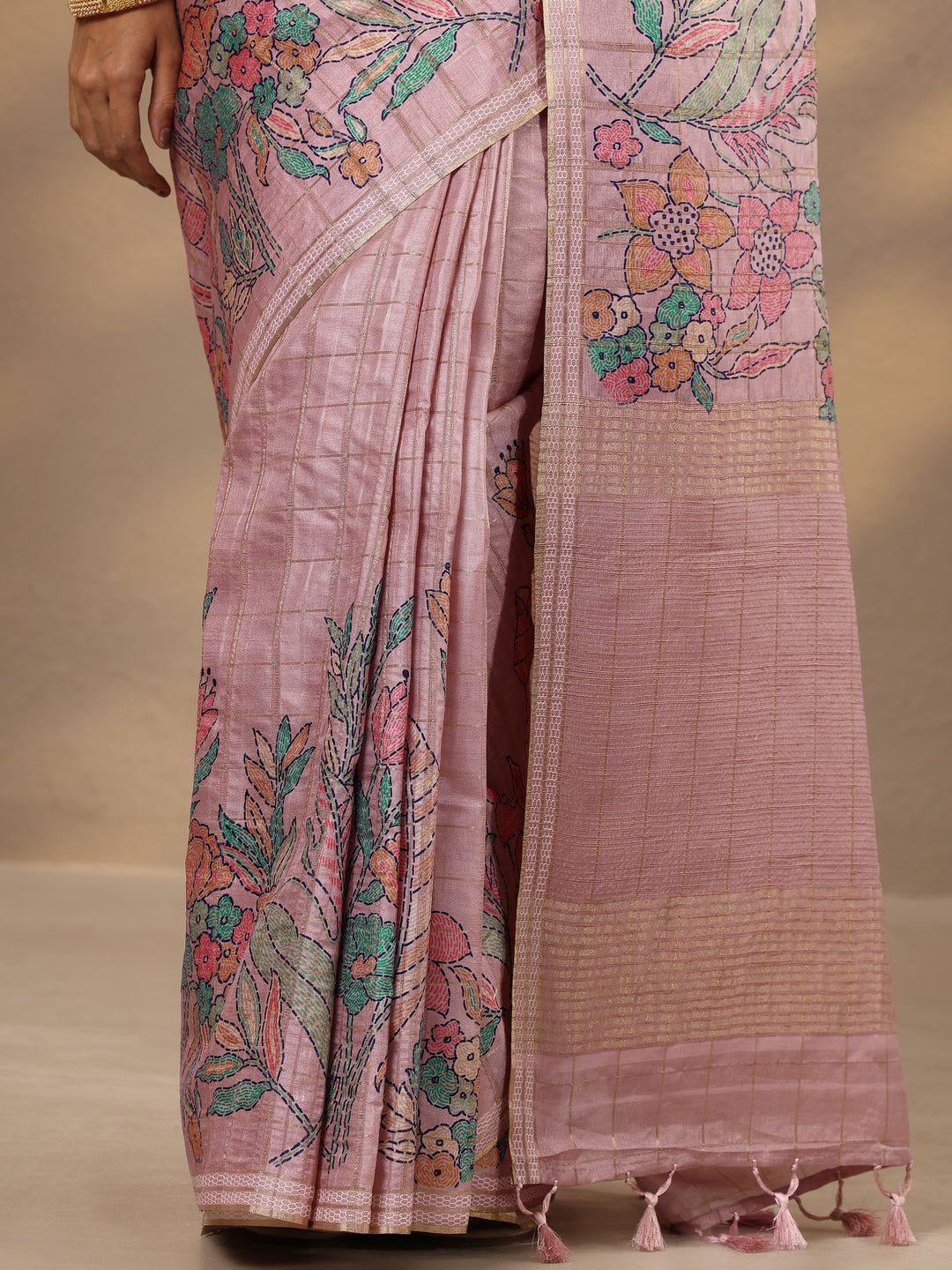 Pink Printed Silk Blend Saree With Unstitched Blouse Piece