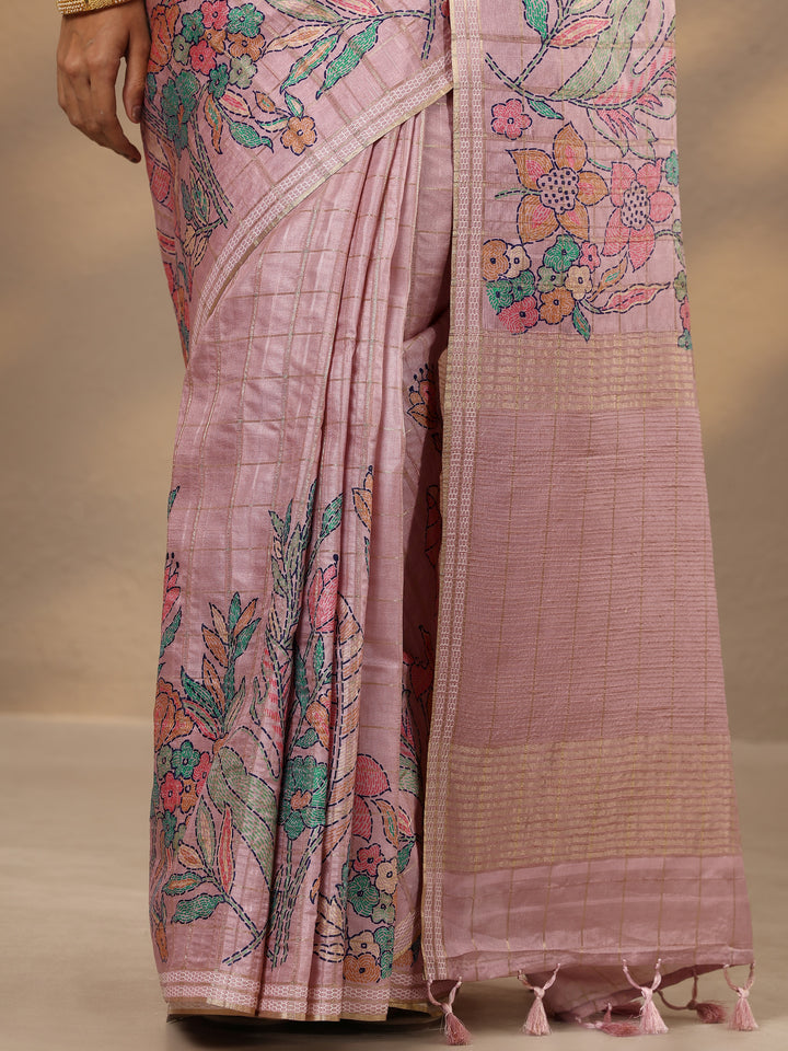 Pink Printed Silk Blend Saree With Unstitched Blouse Piece