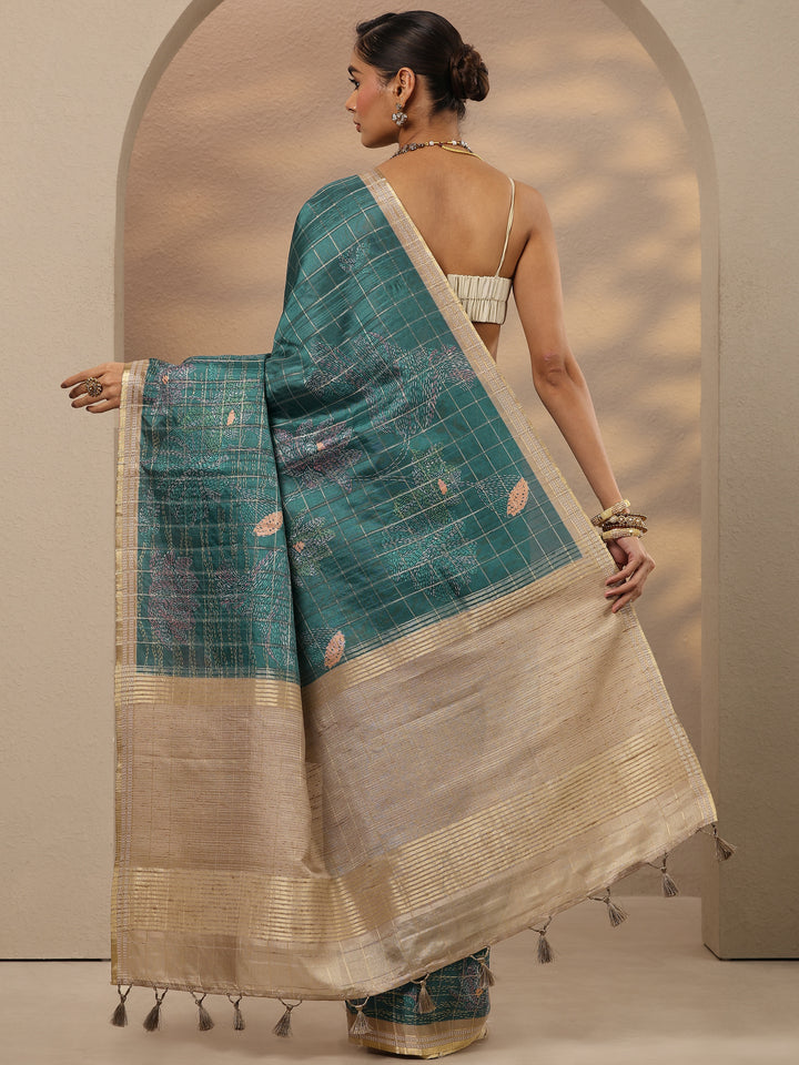 Green Printed Silk Blend Saree With Unstitched Blouse Piece