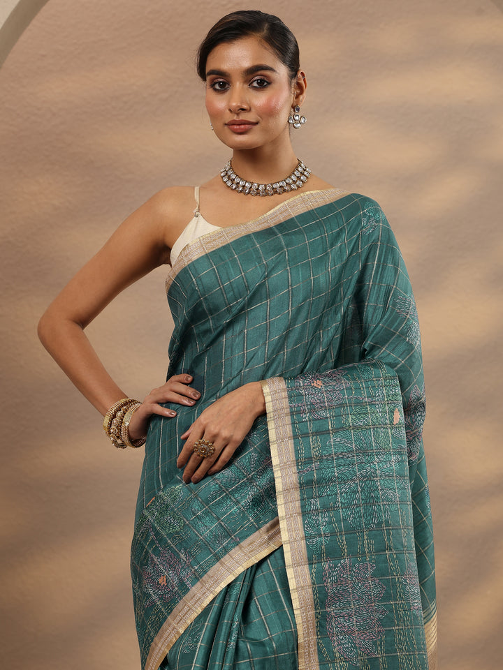 Green Printed Silk Blend Saree With Unstitched Blouse Piece