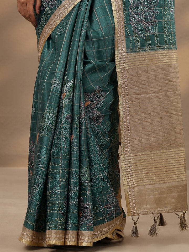 Green Printed Silk Blend Saree With Unstitched Blouse Piece