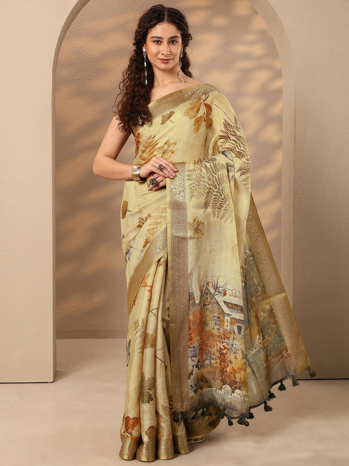 Beige Printed Silk Blend Saree With Unstitched Blouse Piece