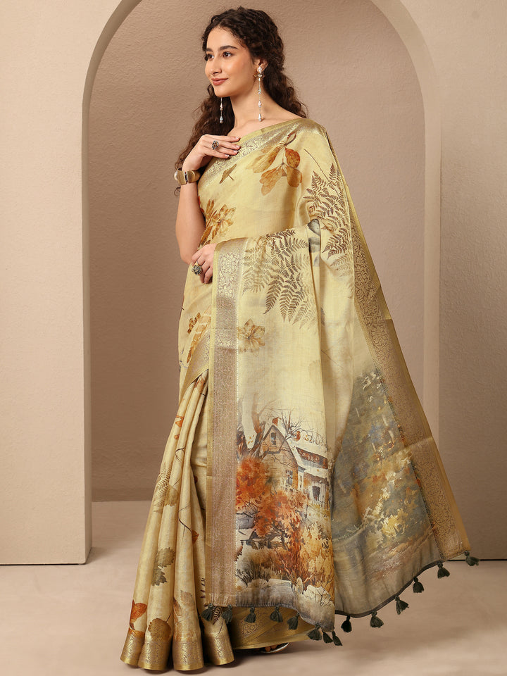 Beige Printed Silk Blend Saree With Unstitched Blouse Piece