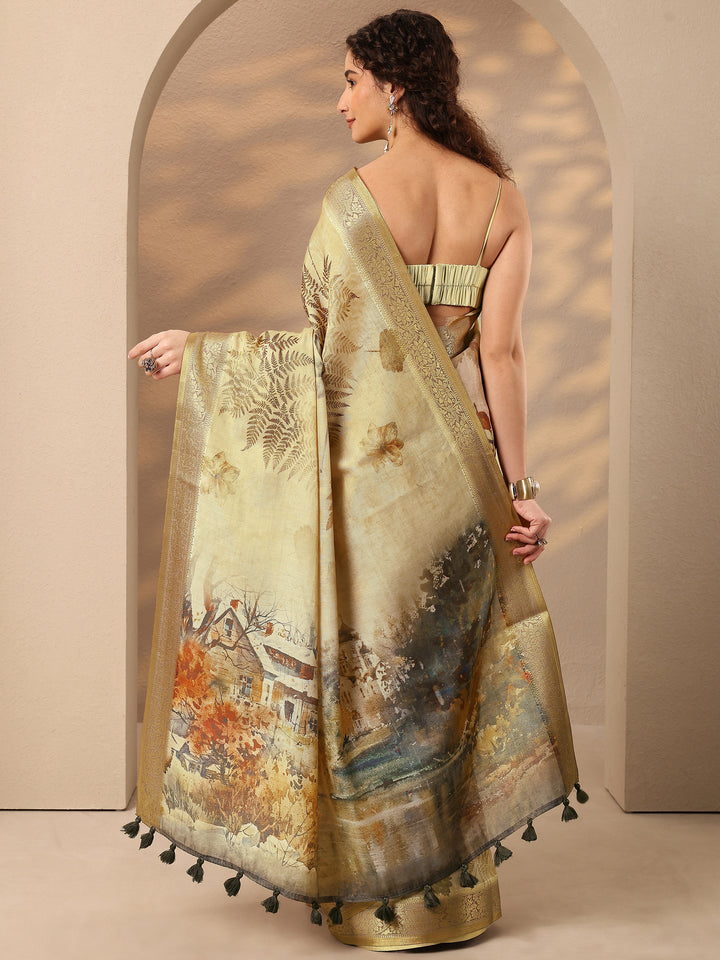 Beige Printed Silk Blend Saree With Unstitched Blouse Piece