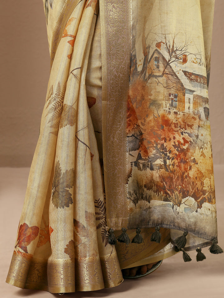 Beige Printed Silk Blend Saree With Unstitched Blouse Piece