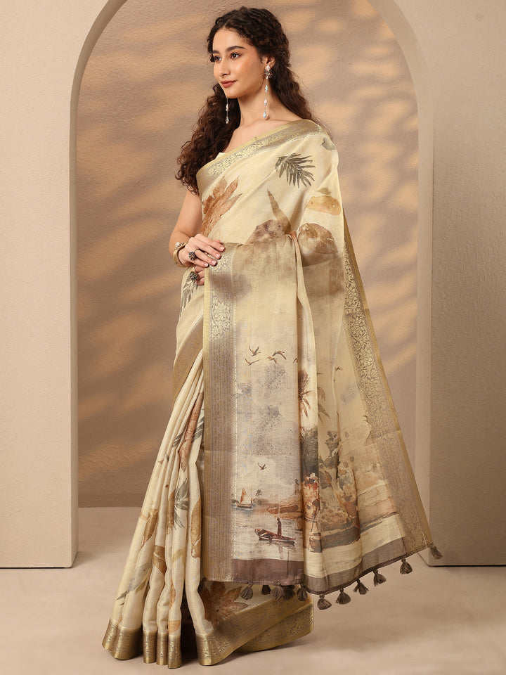 Beige Printed Silk Blend Saree With Unstitched Blouse Piece