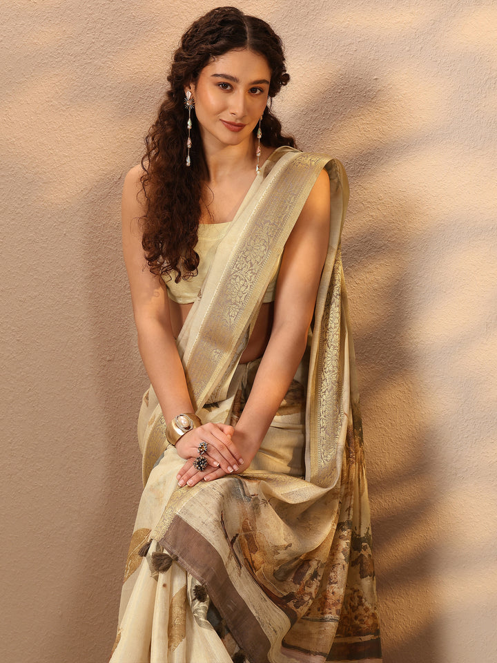 Beige Printed Silk Blend Saree With Unstitched Blouse Piece