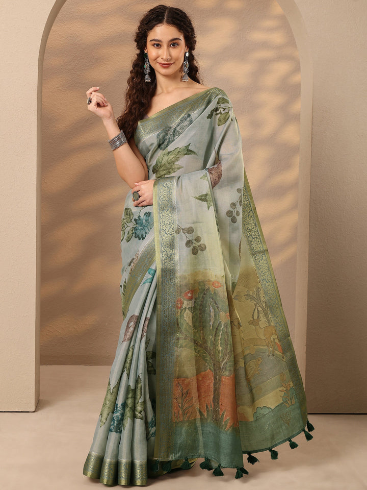 Grey Printed Silk Blend Saree With Unstitched Blouse Piece