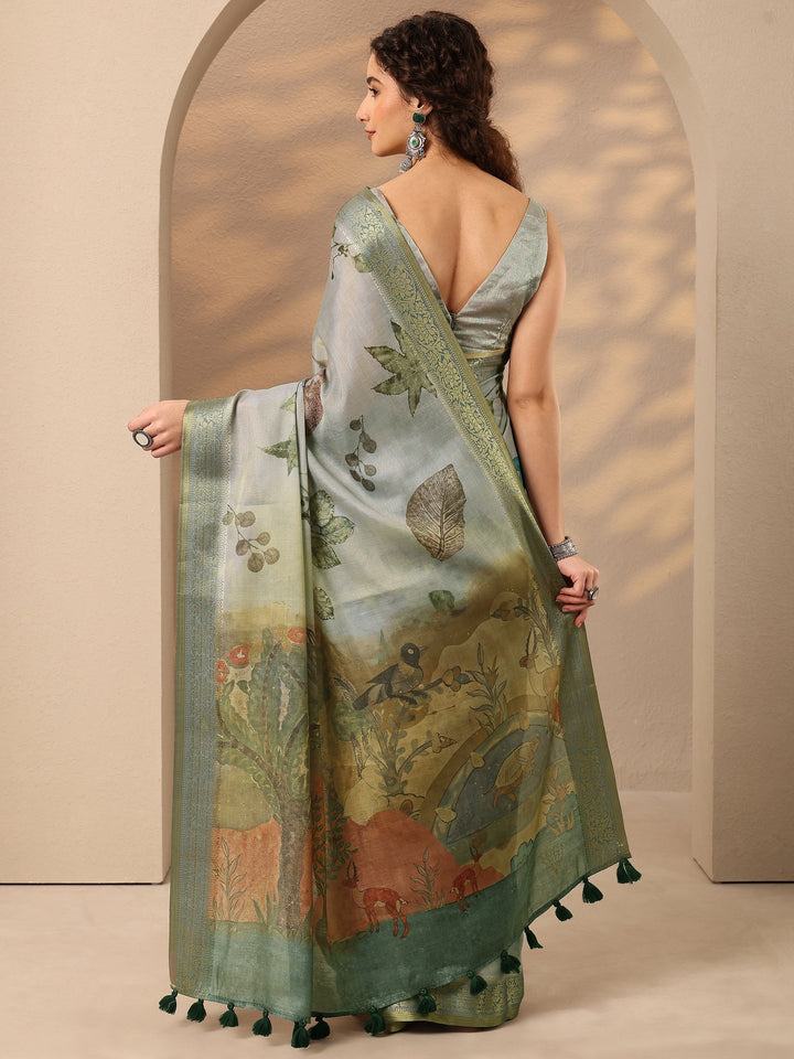 Grey Printed Silk Blend Saree With Unstitched Blouse Piece
