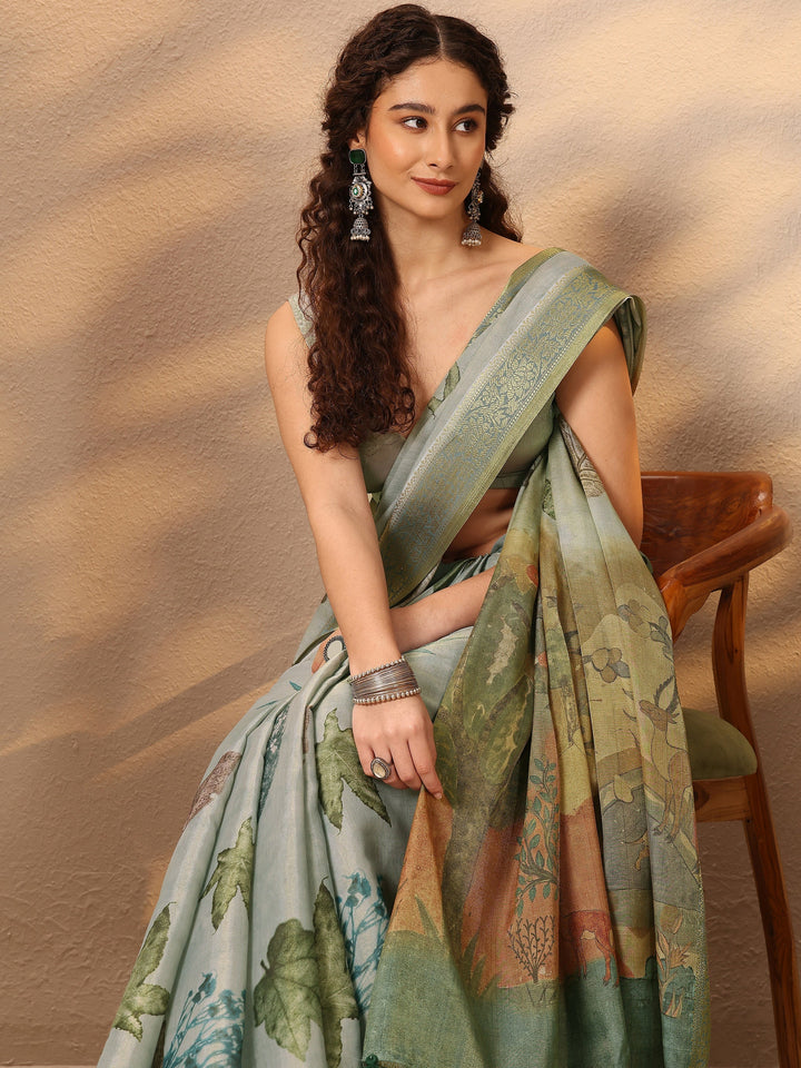 Grey Printed Silk Blend Saree With Unstitched Blouse Piece