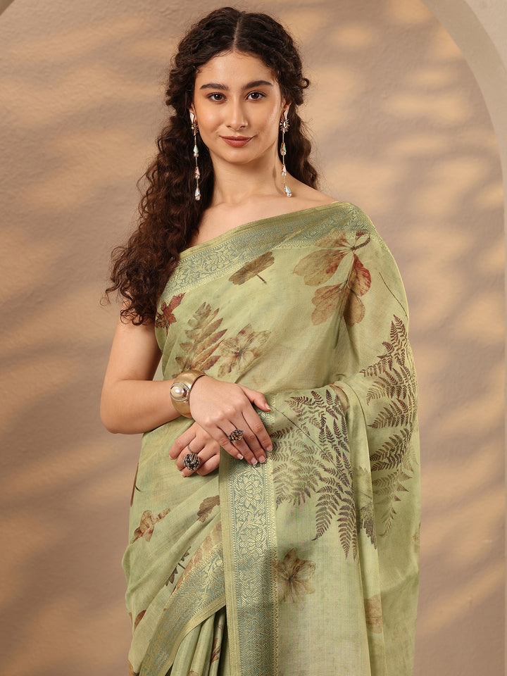 Green Printed Silk Blend Saree With Unstitched Blouse Piece