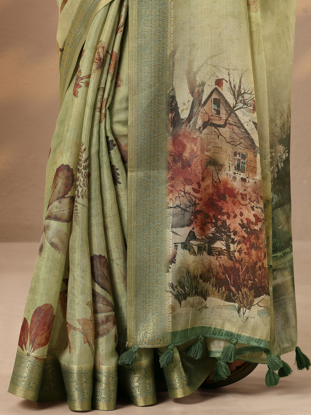 Green Printed Silk Blend Saree With Unstitched Blouse Piece