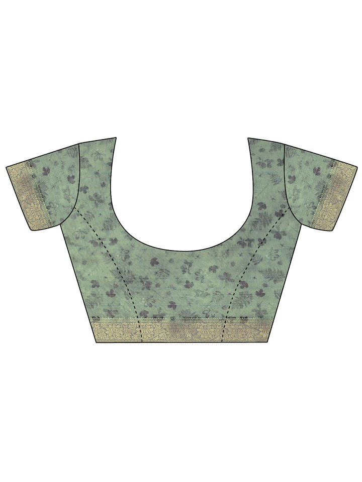 Green Printed Silk Blend Saree With Unstitched Blouse Piece