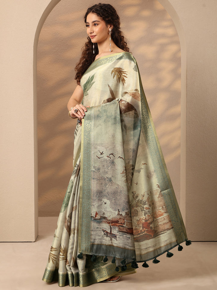 Beige Printed Silk Blend Saree With Unstitched Blouse Piece